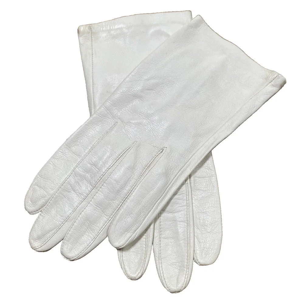Vintage Miss Aris White Leather Gloves Size 6.5 Made in Philippines Wrist Length